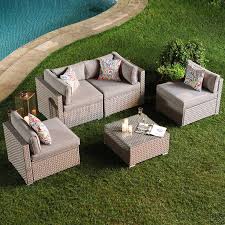Wrought Studio Huyett 5 Piece Outdoor Furniture Set Warm Gray Wicker Sectional Sofa W Thick Cushions Glass Coffee Table 4 Floral Fantasy Pillows Reviews Wayfair