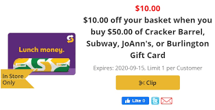 The email address you used when you purchased your cards. Expired H E B Buy 50 Select Gift Cards For 40 Burlington Cracker Barrel Subway Joann Gc Galore
