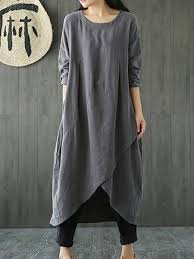 Black Solid Casual Crew Neck Cotton Casual Dress Cotton Linen Dresses Maxi Dress With Sleeves Maxi Dress Cotton
