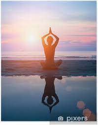 Online yoga videos with doyogawithme.com. Silhouette Of A Woman Yoga On Sea Sunset With Reflection Poster Pixers We Live To Change