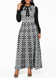 Geometric Print Bowknot Detail Long Sleeve Maxi Dress Rosewe Com Usd 29 79 Long Sleeve Maxi Dress Maxi Dress Long Sleeve Dress Online