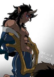 aizetsu (kimetsu no yaiba), hantengu (kimetsu no yaiba), urogi (kimetsu no  yaiba), kimetsu no yaiba, highres, 2boys, abs, animal feet, arms behind  back, artist name, bird legs, black hair, blue eyes, blue