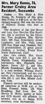 Obituary for Mary A. Kise Koons (Aged 76)