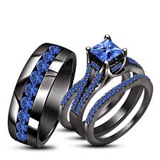 Black And Blue Wedding Rings For Her His Her Wedding Ring Trio Set Blue Sapphire 10k Black Gold Finish 925 Silver Sapphire Engagement Ring Blue Wedding Ring Trio Sets Black Gold Wedding