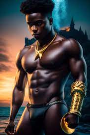 punctual-rat487: a black male young athletic merman holding a golden  trident in a hero pose with a underwater castle in the background and  golden cinematic lights