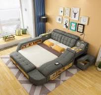 Tempat Tidur Kayu Pintar Multi-fungsi Mewah Modern Dengan Laci Pijat,  Tempat Tidur Tingkat Ukuran King Double