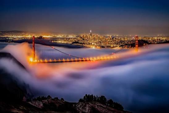 Evening fog drifting across the Marin hills