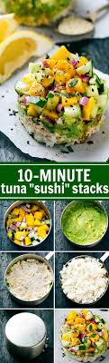 Use A Cup Measurer To Make Sushi Tuna Sushi Stacks Easy Healthy Kid Friendly And Delicious Plus There Is A Simple Sr Tuna Sushi Healthy Recipes Recipes