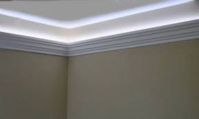 Proceed with the installation of the crown molding, butting its backside against the strip and nailing it in place. Install Led Rope And Indirect Lighting In Foam Crown Molding Foam Crown Molding Crown Molding Lights Crown Molding