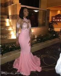 Pink Mermaid Prom Dresses With Appliqued Lace 2019 Long Sleeve See Through Dubai Arabic Kftan Plus Black Girl Prom Dresses Cute Prom Dresses Pink Prom Dresses
