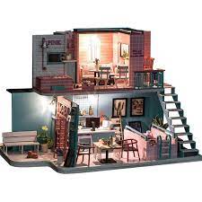 1 24 Diy Miniature Dollhouse Kit Pink Cafe Restaurant Leisure Time Pink Blue With Light And Music Box In 2021 Dollhouse Kits Big Doll House Diy Dolls House Kits