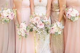 Allure style 8764 groom's attire: Blush And Gold Bridesmaid Dresses And Flowers For Wedding Bouquets Diy Long Sparkly Pale Pink Bridesmaid Dresses Pale Pink Weddings Pale Pink Bridesmaids