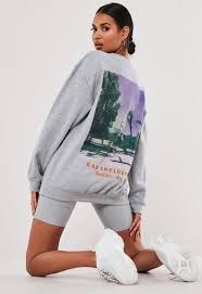 Gray Jersey Crew Neck Sweatshirt Featuring A Graphic Print On The Back With Bad Influence Slogan Sweatshirts Missguided Womens Casual Outfits