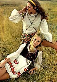 Folk Pattern Hippie Dresses Bead Necklaces Daisies In The Hair Or A Headband 1960s Fashion Hippie Folk Fashion Sixties Fashion