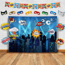 We also have backdrops for halloween, christmas, casino, and western theme parties and basic generic scene back drops. Superhero Cityscape Wall Decor Tapestry For Children Bedroom Living Room Home Photography Backdrop Prop Flag Mask Kit As Super Hero City Photo Booth Background Kids Birthday Party Decoration Buy Online In