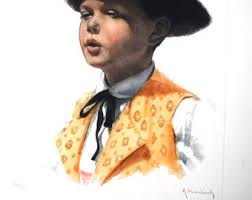 Original Vintage 1940s, Hand Printed, Colored Etching , Limited Edition,  Signed , Art Print" Pedro"by Roger Hebbelinck ( 1912-1987).