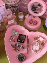 Some dressers have thick sheets of glass toppers that you can slip tablecloths or doilies under. Dresser Or Vanity Top Vomit Pink Old Brooches One Has A Mid Cat On It Pink Aesthetic Aesthetic Bedroom Everything Pink