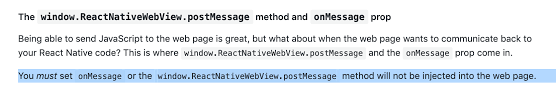 I have a webview in my react native expo project. Onmessage Prop Is Required In Some Or All Environments For Injectedjavascript Injectedjavascriptbeforecontentloaded To Work React Native Webview