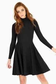 Warm Black Long Sleeve Evil Longline Dress Bm In 2020 Satin Skater Dress Fit N Flare Dress Fit And Flare Dress