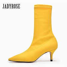 Jady Rose Yellow Women Sock Boots Stretch Fabric Pointed Toe High Heels Slip On Ankle Boots Women