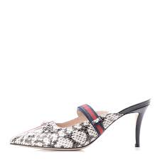 Gucci Elaphe Snakeskin Sylvie Web Cross Strap Mid Heel Slides 38 5 New Roccia 635210 Fashionphile