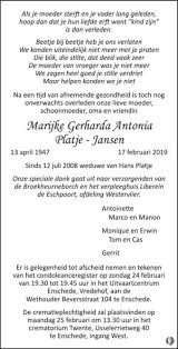 Marijke Gerharda Antonia Platje Jansen Mensenlinq Nl De Weekkrant Overlijden Nieuws Condoleances En Familieberichten