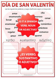 Valentine S Day Spanish Worksheet Verb Noun Or Adjective Dia De San Valentin Aprender Espanol Hablar Espanol