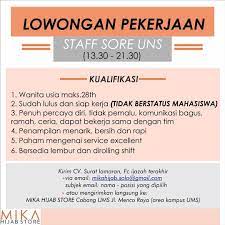 Lokerbumn.com saat ini berfokus memberikan informasi lowongan kerja bumn dan anak perusahaan bumn. Lowongan Kerja Staff Mika Hijab Store Di Solo Info Loker Solo