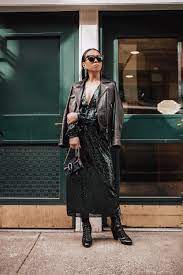 Glam Rock Green Sequin Solani Midi Dress Leather Biker Jacket Rhinestone Pendant Earrings Sergio Rossi Lace Up Boots And Green Sequins Glam Rock Gucci Mini
