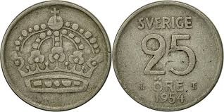 Mønten fremstår i normal kvalitet for typen. Sweden Gustaf Vi 25 Ore 1954 Silver Km 824 European Coins