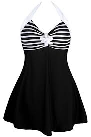 Black And White Striped Swimsuit Cover Up Women S Plus Size Swimwear Elegant One Piece Swimdress Long Torso Swimsuits Fba Color5 C01838u3qzl Swim Dress Striped Swimwear One Piece Swimwear