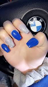 In this video i show how i did this navy blue and. Royal Blue And Silver Blue Acrylic Nails Homecoming Nails Acrylic Homecoming Nails Blue
