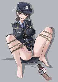 sawkm, original, absurdres, highres, 1boy, 1girl, barefoot, bdsm, black  hair, bondage, bound, breasts, clothes lift, defeat, drooling, egg  vibrator, hat, large breasts, microphone, necktie, panties, penis, police,  police uniform, policewoman, purple eyes,
