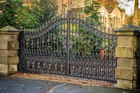 This is a modern steel gate in a beautiful grey color. Modern Metal Art Double Driveway Front Entry Wrought Iron Gate Designs For House Decor Iok 194 You Fine Sculpture