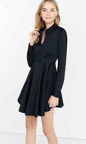 Black Stretch Cotton Fit And Flare Shirt Dress From Express Long Sleeve Mini Dress Express Dresses Fit Flare Dress