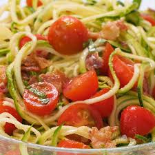 Zucchini Noodle Salad Recipe With Bacon Tomatoes Low Carb Paleo Zucchininoodles Zucchini Noodles Salad Recipe Zucchini Noodles Salad Noodle Salad Recipes