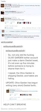 What Would Castiel Like Anything From Deans Plate Olive Garden Ships Destiel Olive Gardens Castiel Destiel
