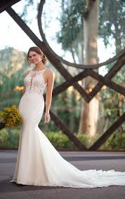 Romantic High Neckline Fit And Flare Wedding Gown With Shaped Train Essense Of Australia Wedding Dresses Wedding Dress Trends Wedding Dress Styles