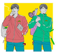 matsuno choromatsu, matsuno osomatsu, osomatsu-san, osomatsu (series),  highres, 2boys, bag, cigarette pack, colored skin, cropped legs, denim,  frown, glowstick, green jacket, grey eyes, grey hair, grey skin,  heart-shaped fan, jacket, jeans, looking