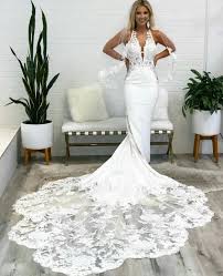 This elegant, strapless, mermaid dress has more structure and a stiffer material, so the chances of seeing her shoes are probably slim. Specialty Halter Neck Mermaid Wedding Dresses Lace Appliques Bridal Gowns Plus Size Custom Clothing Shoes Accessories Vishawatch Com