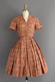 Vintage 1950s Dress 50s Dress Golden Brown Cotton Print Etsy Vintage 1950s Dresses 50s Dresses Dresses