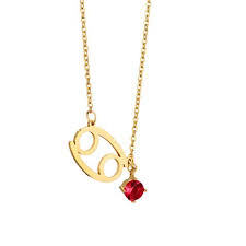 The pendant of this necklace shows the cancer constellation on one side and a latin inscription of the zodiac sign, cancer as well as two specific acknowledged attributes of the sign, for the cancer. Specialty Cancer Zodiac Necklace We Love Horoscope