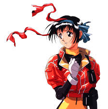 yamauchi noriyasu, looking away, non-web source, official art, 1girl, black  eyes, black hair, gloves, hairband, hand on own chest, idol defense force  hummingbird, jacket, looking back, parted lips, red jacket, short sleeves,
