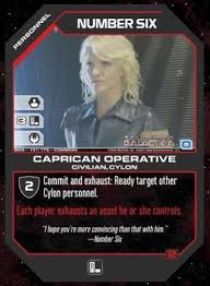 Number six (battlestar galactica) number six is a family of fictional characters from the reimagined science fiction television series battlestar galactica. Number Six Caprican Operative Battlestar Galactica Ccg Base Set Bsg Categoryonegames