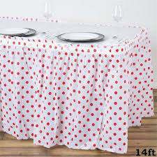 14ft 10 Mil Thick Polka Dots Pleated Plastic Table Skirts Disposable Table Skirt Spill Proof White Red Table Skirt Plastic Tables Polka Dot Decor