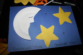 Moon And Stars Craft For This Craft The Children Glued On The Moon Stars Placed Star Stickers And Glu Moon Activities Moon Crafts Goodnight Moon Activities