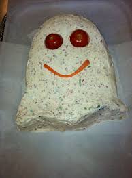 Use Your Favorite Cheese Ball Recipe Shape Into A Ghost And Use Black Olives Or Cherry Halloween Cheese Ball Halloween Themed Food Favorite Cheese Ball Recipe