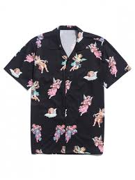 Black And Pink Floral Shirt Mens Men Top Shirts Paradise Floral Angel Print Beach Shirt Black M Camisas De Playa Camisas Camisetas Casuales