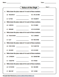 decimal place value worksheets