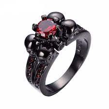 Red Gem Dark Skull Ring Skull Engagement Ring Black Gold Ring Skull Wedding Ring
